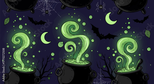 A trio of magical cauldrons bubble with an enchanting green potion, filling the spooky Halloween night air with mystical swirls
