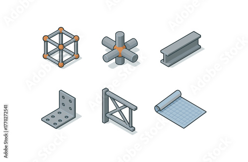 isometric icon items isolated on white background structure lattice framework module structure modular joint node structure load bearing girder beam structure truss connector plate