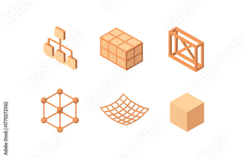 isometric icon items isolated on white background structure hierarchical tree diagram structure cellular matrix plot structure skeleton bracing frame structure unit cell crystal structure