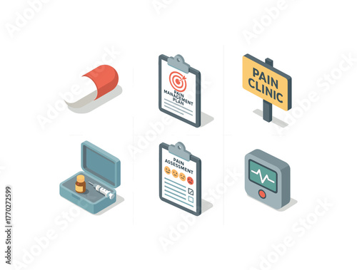 isometric icon items isolated on white background painkiller capsule pain management plan pain clinic sign pain nerve blockade kit pain assessment form pain monitoring device