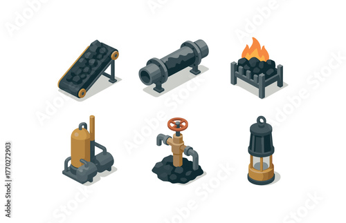 isometric icon items isolated on white background coal conveyor belt coal slurry pipeline coal fireplace grate coal tar distillation unit coal bed methane well coal safety lamp