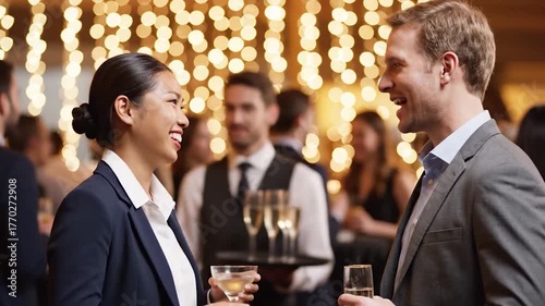 Business Professionals Networking at a Corporate Event with Festive Lighting.