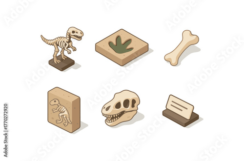 isometric icon items isolated on white background dinosaur skeleton mount dinosaur footprint mold dinosaur bone fragment dinosaur fossil cast dinosaur skull replica dinosaur exhibit label