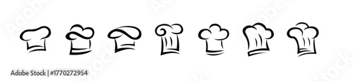 Flat Chef Hat Collection. Chef hats contour icons set. Kitchener caps of various shapes. Restaurant uniform, chef profession mascot, hand drawn toque of cookers and bakers icons, vector illustration.