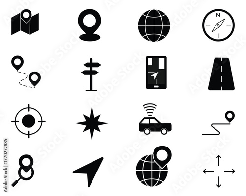 Navigation & Map Icon Set — Flat and Stroke Vector Symbols for Location, Tracking, and Travel Planning