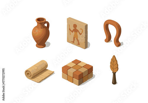 isometric icon items isolated on white background antiquity ceramic vessel antiquity fresco mural antiquity amphora handle antiquity papyrus reel antiquity mosaic tessera antiquity ritual