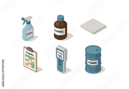 isometric icon items isolated on white background ethanol sanitizer spray ethanol reagent bottle ethanol absorbent pad ethanol compatibility chart ethanol purity meter ethanol storage drum