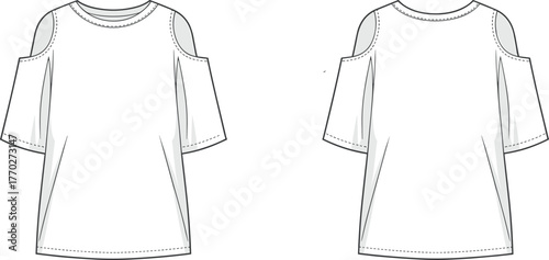 Technical flat sketch of cold shoulder top with short sleeves and round neckline, fashion apparel template, clothing vector illustration