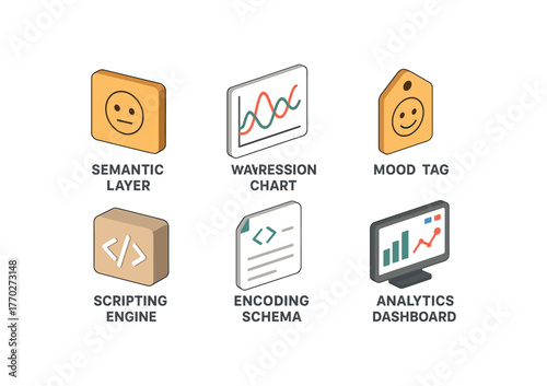 isometric icon items isolated on white background expression semantic layer expression waveform chart expression mood tag expression scripting engine expression encoding schema expression