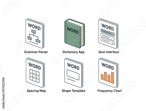 isometric icon items isolated on white background word grammar parser word dictionary app word quiz interface word spacing map word shape template word frequency chart
