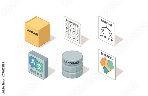 isometric icon items isolated on white background language grammar guide language phoneme chart language syntax tree language translator module language corpus database language dialect map