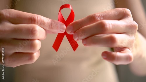 Close up of woman hand holding red ribbon. Symbol of AIDS and HIV awareness, health prevention, and global support. December month of compassion and protection for infected people.