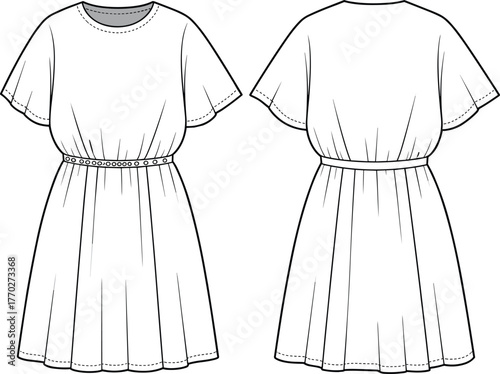 Technical flat sketch of girls dress with flutter sleeves, belted waist, gathered skirt, fashion apparel template, clothing vector illustration