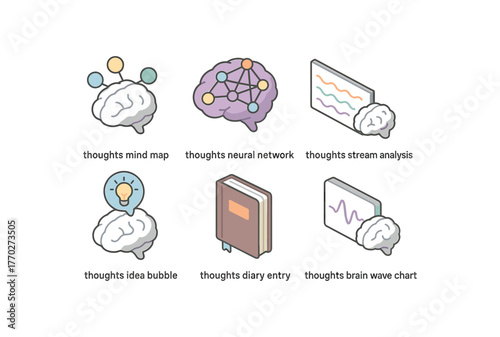 isometric icon items isolated on white background thoughts mind map thoughts neural network thoughts stream analysis thoughts idea bubble thoughts diary entry thoughts brain wave chart