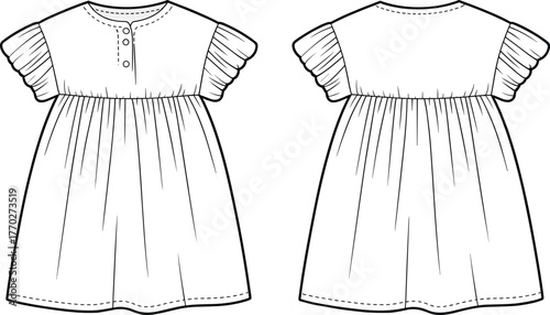 Technical flat sketch of girls dress with puff sleeves, gathered skirt, button placket, fashion apparel template, clothing vector illustration