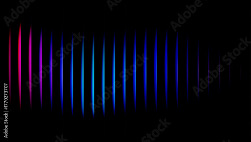 Abstract neon light bars or sound wave equalizer graphic fading from vibrant pink and magenta to deep blue against a solid black background.