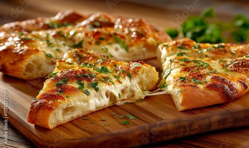 Crusty cheesy garlic bread on wooden board