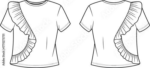 Technical flat sketch of short sleeve top with asymmetrical ruffle detail, round neckline, fashion apparel template, clothing vector illustration
