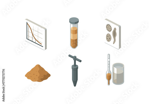 isometric icon items isolated on white background sedimentation curve plot sediment settling tube sediment microfossil slide sediment pigment deposit sediment soil sampler sediment density