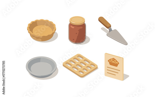 isometric icon items isolated on white background pie crust pie filling jar pie slicer knife pie plate dish pie lattice cutter pie recipe card