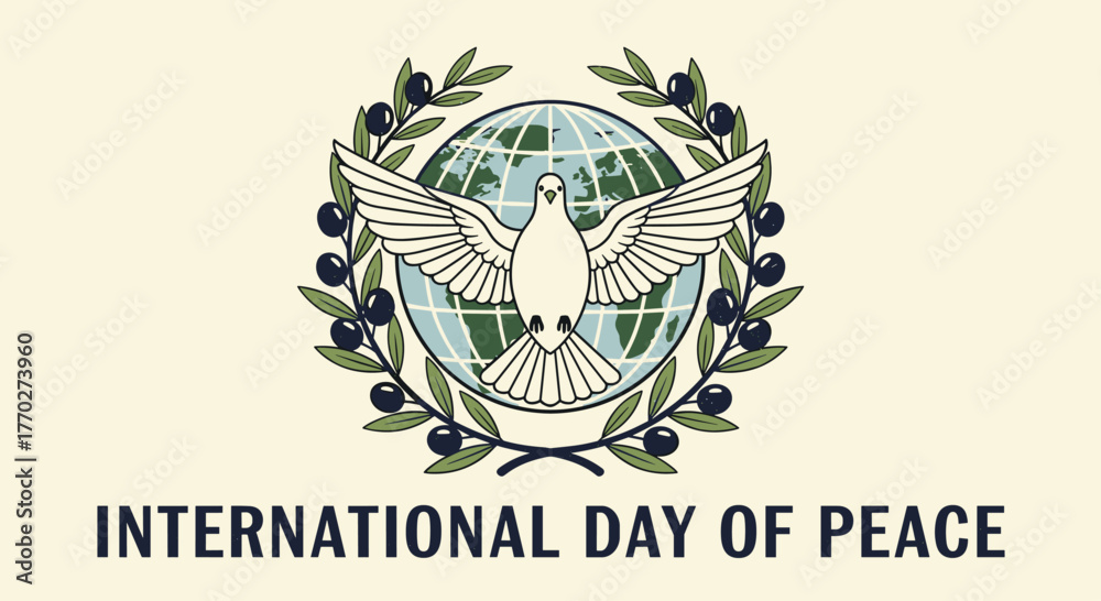Obraz premium Symbolic dove and globe graphic celebrating International Day of Peace with olive branches