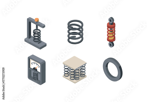 isometric icon items isolated on white background spring compression tester spring coil wire spring damper unit spring tension meter spring mattress core spring washer ring