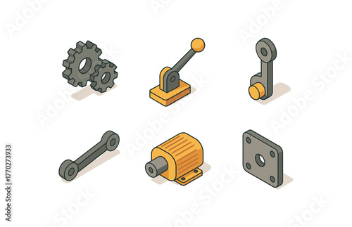 isometric icon items isolated on white background mechanism gear train mechanism lever mechanism cam follower mechanism linkage bar mechanism motor unit mechanism frame plate