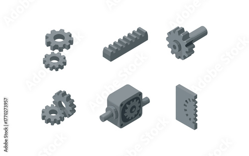 isometric icon items isolated on white background gear wheel set gear rack segment gear shaft pinion gear train assembly gear reducer unit gear module template