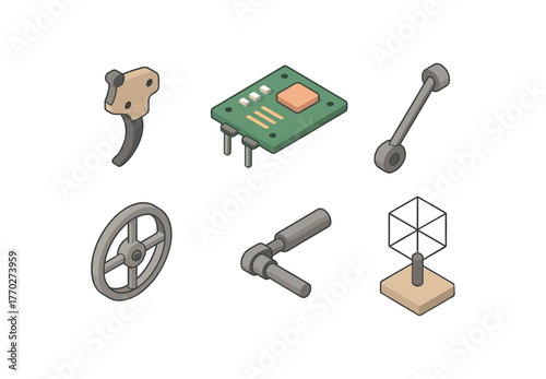 isometric icon items isolated on white background mechanism trigger assembly mechanism control circuit mechanism actuator mechanism balance wheel mechanism pivot joint mechanism simulation