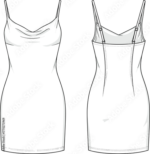 Technical flat sketch of slip dress with spaghetti straps and cowl neckline, fashion apparel template, clothing vector, garment construction illustration