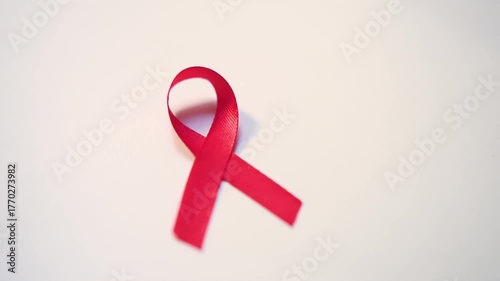 Red ribbon on white background symbolizing global AIDS awareness and HIV prevention. Emblem of support, compassion, and solidarity with people living with HIV and fighting stigma worldwide.