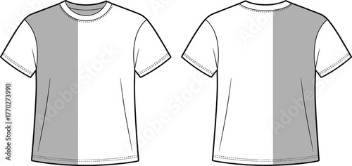 Technical flat sketch of split color t shirt with crew neckline, short sleeves, fashion apparel template, clothing vector illustration