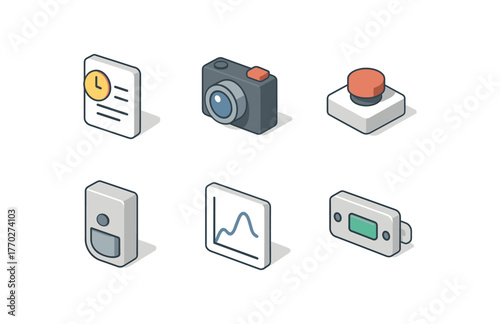 isometric icon items isolated on white background moment timestamp log moment snapshot camera momentary switch button moment trigger sensor moment curve graph moment event latch