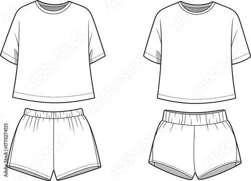 Technical flat sketch of t shirt and shorts set with elastic waist, casual outfit template, fashion apparel vector illustration