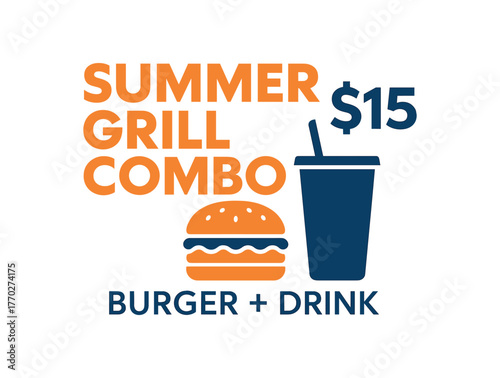 Flat vector banner design text Summer Grill Combo $15 subtext + Drink typography League Spartan + Lato icons of and soda orange and blue palette isolated on white marketing approved bright