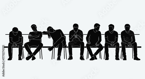 Diverse group of men patiently waiting in a line, some engrossed in their phones, others contemplative and still