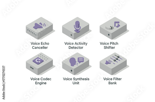 isometric icon items isolated on white background voice echo canceller voice activity detector voice pitch shifter voice codec engine voice synthesis unit voice filter bank