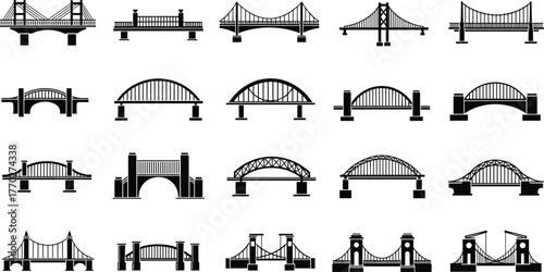 Bridge icon set, architectural silhouette, vector collection, suspension bridge, arch design, truss structure, black graphic, engineering element