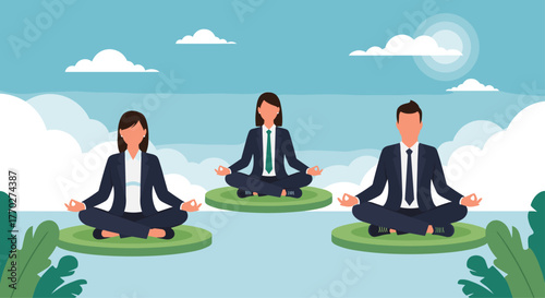 Business professionals find inner peace meditating on floating islands achieving mental clarity and stress relief for enhanced productivity