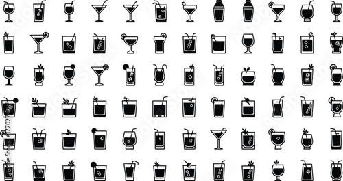 Cocktail icon set, drink glass silhouettes, black vector collection, barware design, mixology symbols, beverage graphic, alcohol, party, festive