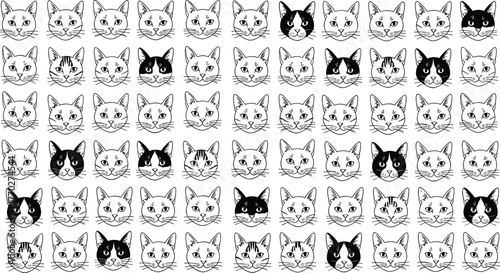 Cat face icon set, black and white vector, fur pattern illustrations, stylized feline expressions, pet design, animal graphic collection