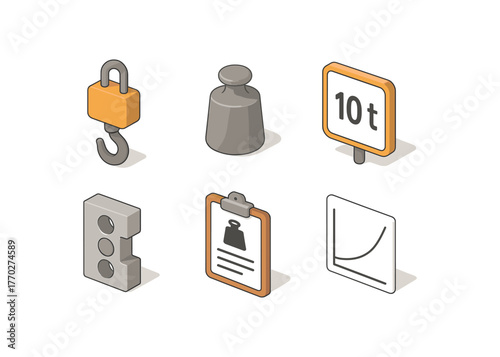 isometric icon items isolated on white background measuring hook standard plate limit sign cell transducer recorder log calibration curve
