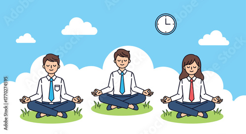 Professionals find inner peace and calm by meditating outdoors, embracing mindfulness amidst a busy workday