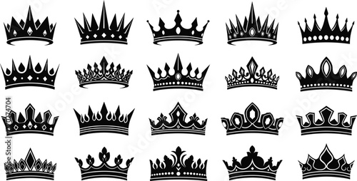 Crown icon set, royal silhouette, black vector crowns, regal design, ornamental elements, monarchy symbol, graphic collection, luxury, heraldic art