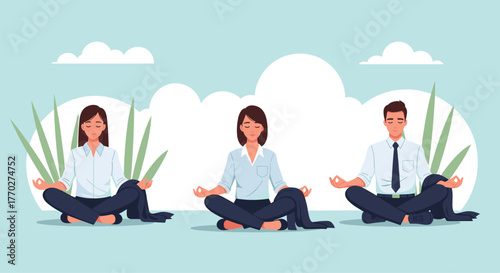 Professionals find calm and balance meditating in business attire, embracing mindfulness for a stress-free workday