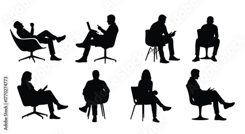 Diverse business professionals in modern office chairs, engaged with technology and phones, conveying productivity and connection