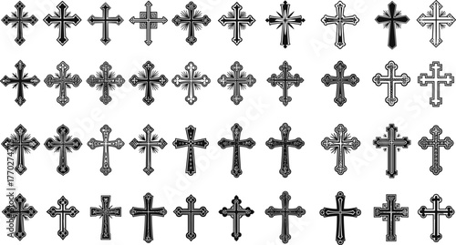 Cross symbol collection, religious icons, decorative elements, black and white vector, ornate shapes, cultural design, graphic set, faith emblem