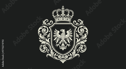 Elegant white heraldic crest featuring a majestic eagle and ornate crown on a dark background, perfect for premium branding