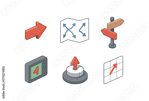 isometric icon items isolated on white background direction arrow indicator direction vector field map direction signpost direction finder device direction control knob direction mapping