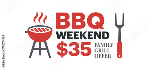 Flat vector banner design text BBQ Weekend $35 subtext Family Grill Offer typography League Spartan + DM Serif Display icons of grill and fork red and gray palette isolated on white